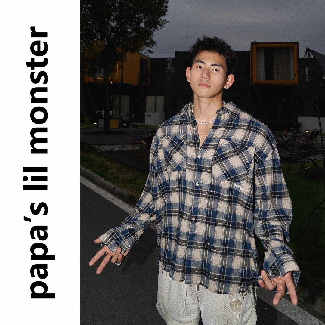 lil monster美式休闲复古长袖衬衫磨毛破坏流苏拼色格子男女款