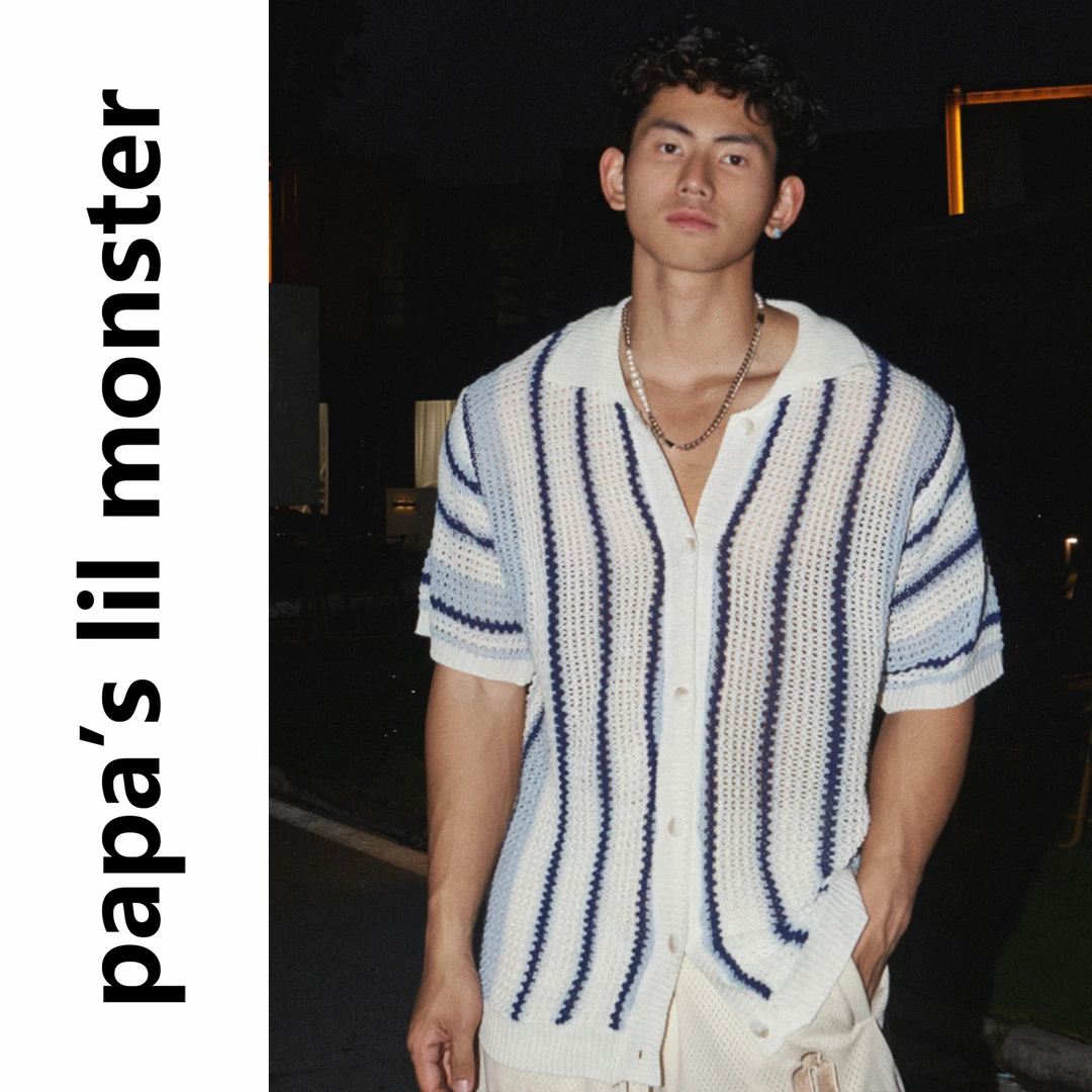 lil monster美式夏日海岛度假沙滩 条纹宽松短袖针织衬衫原创设计