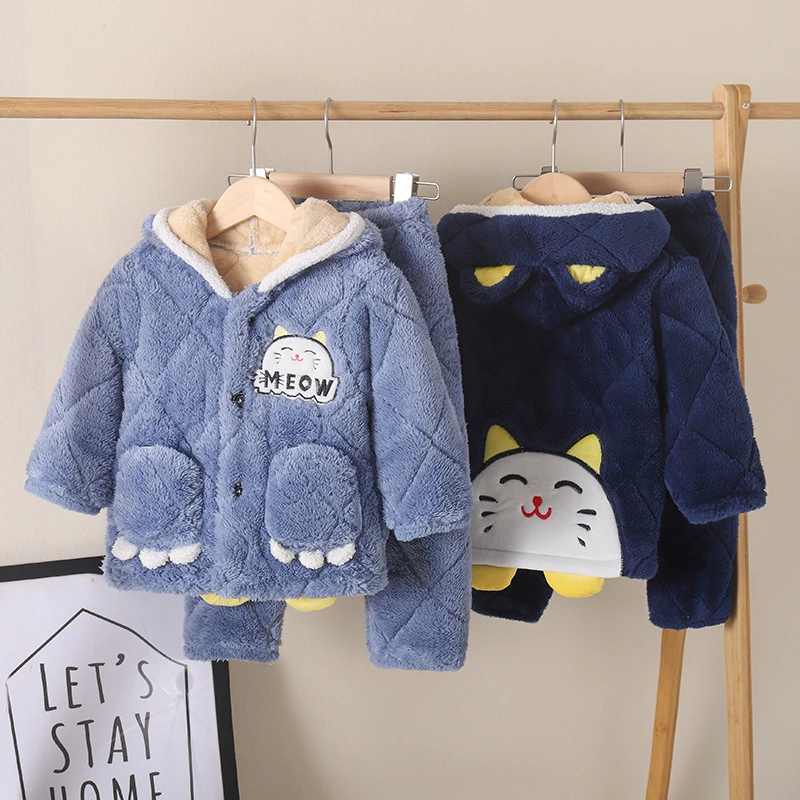 招财猫小中大童提花睡衣珊瑚绒男童女童加绒加厚款冬季法兰绒套装