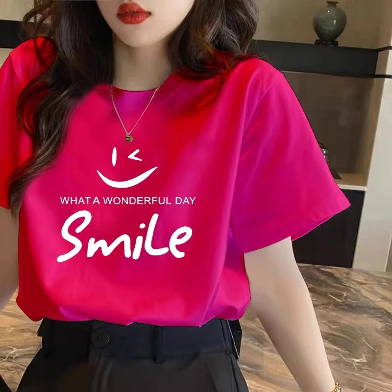 玫红色t恤女短袖宽松字母笑脸2025年新款夏季欧货纯棉洋气上衣潮