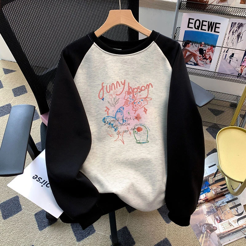 美式撞色插肩袖圆领卫衣女2024秋冬新款欧货大版宽松加绒外套上衣