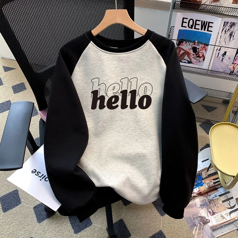 美式撞色插肩袖内搭洋气圆领外套卫衣女2024秋冬新款欧货宽松上衣