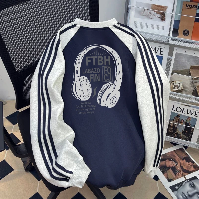 设计感小众慵懒风三条杠条纹纯棉圆领卫衣女秋冬加绒休闲长袖上衣