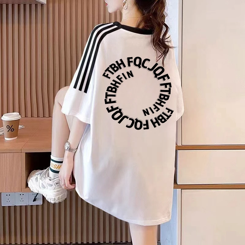 潮流三条杠设计感百搭洋气小众时尚宽松女士夏季半袖纯棉圆领上衣