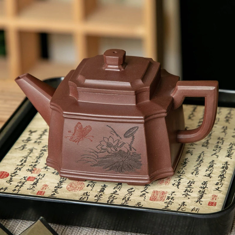 宜兴原矿底槽清紫砂壶名家纯手工刻绘花韵蝶舞茶壶功夫泡茶壶家用