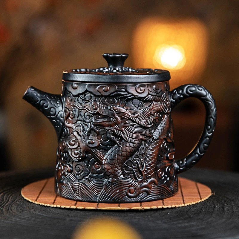 紫陶高石瓢茶壶满雕全手工紫砂壶双龙腾飞家用办公泡茶器茶具高档