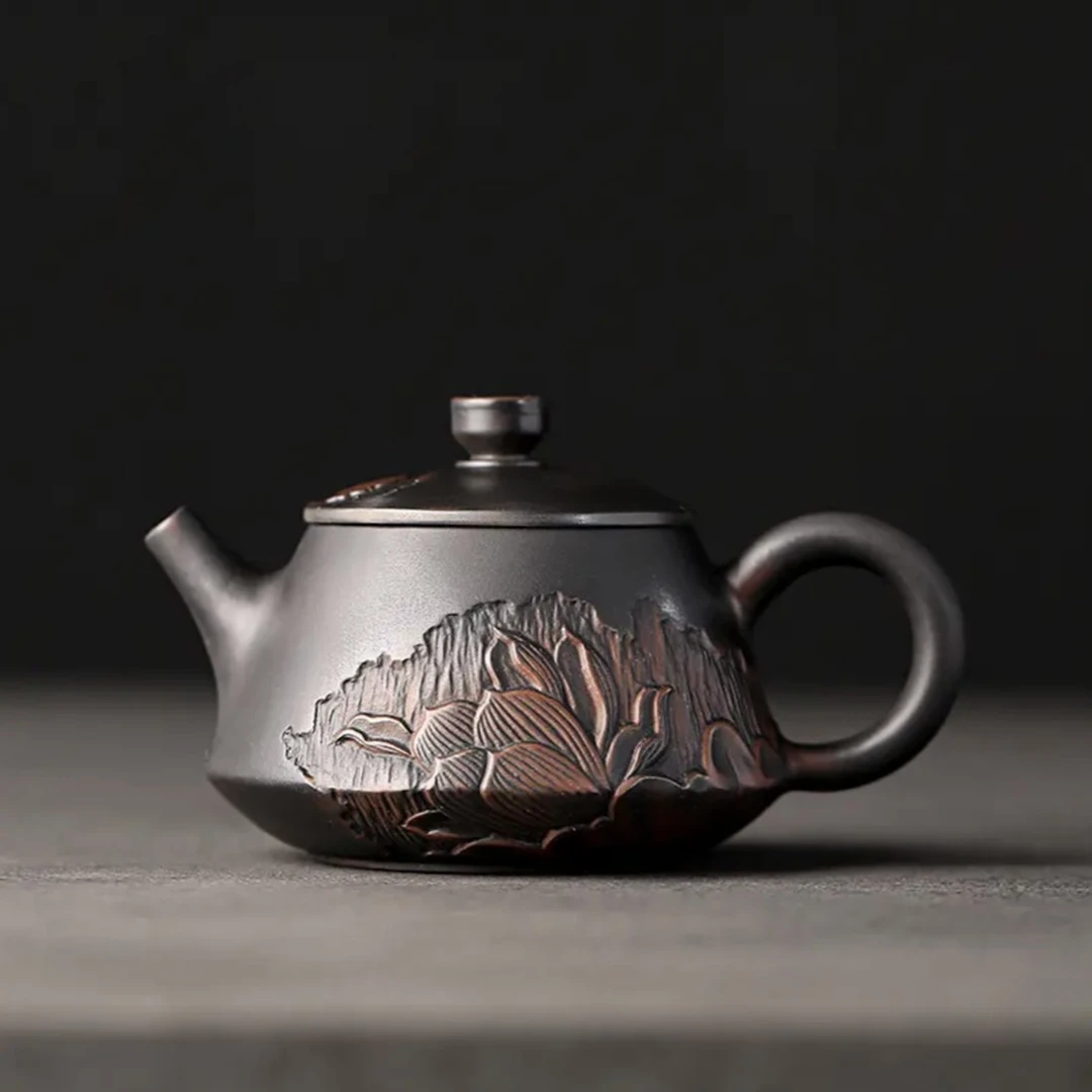 建水紫陶手拉胚莲叶石瓢壶泡茶壶家用茶具手工浮雕泡茶壶小容量