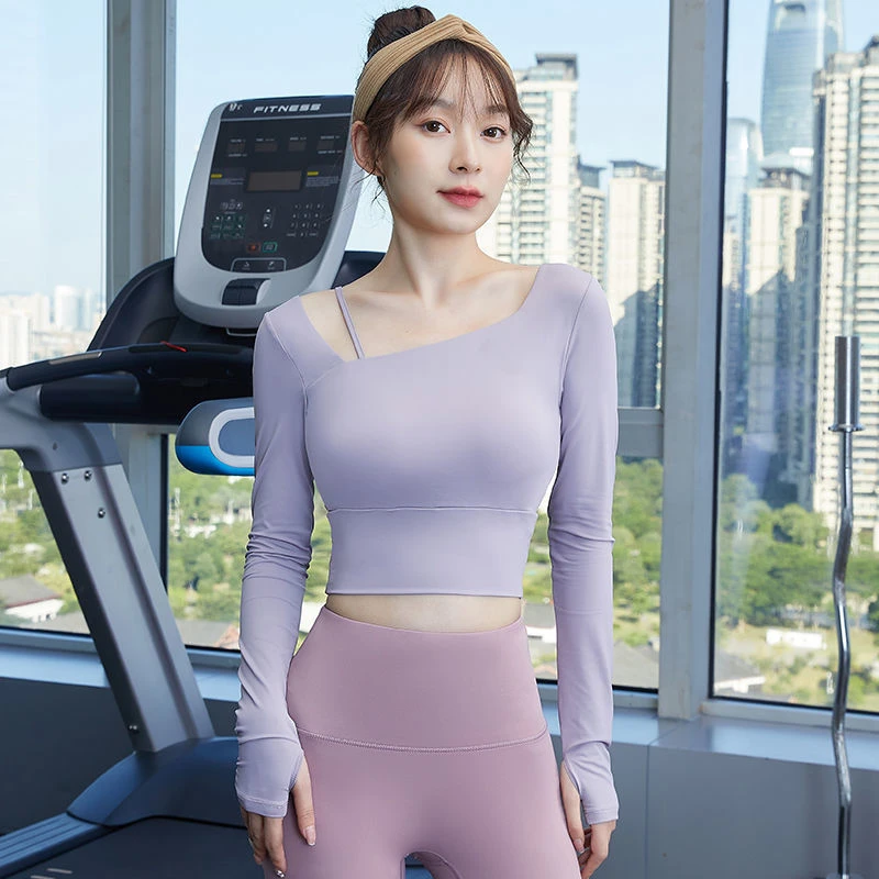 健身服女长袖网红瑜伽服显瘦休闲秋冬带胸垫跑步方领速干运动上衣