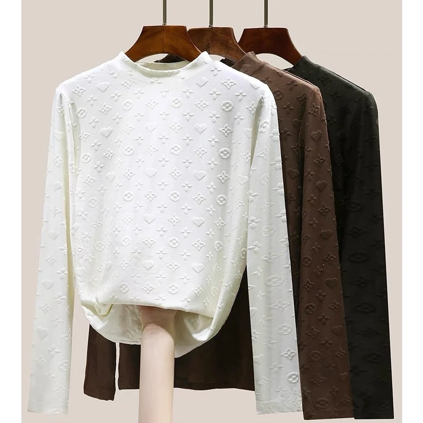 纯色立体提花图案内搭针织衫女2023秋冬新款长袖打底衫半高领上衣