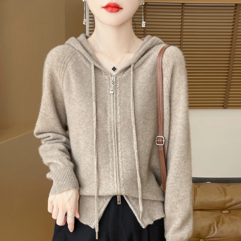 2024春季100%纯羊毛开衫女士连帽百搭宽松拉链羊绒毛衣外套上衣女