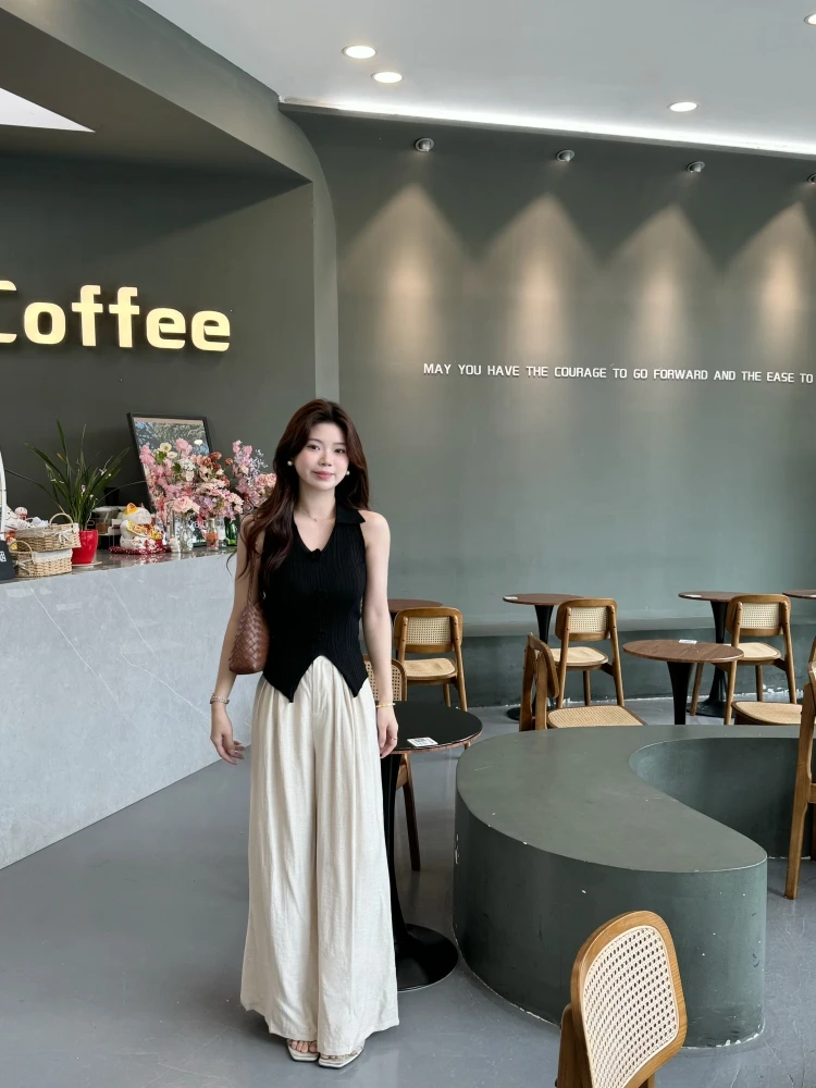 【舒适自在】慵懒风垂感杏色亚麻休闲裤女夏季百搭宽松阔腿裤子