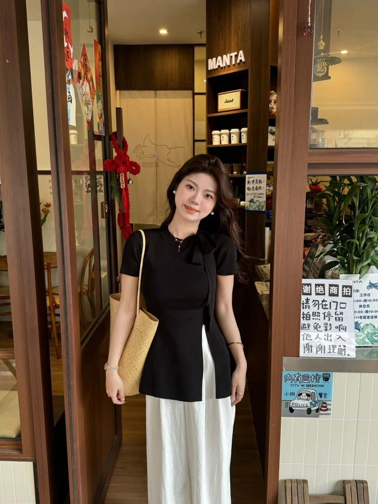 【夏日清风】黑色蝴蝶结系带开叉针织上衣女收腰显瘦短袖上衣夏
