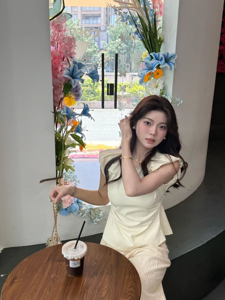 【云起时光】法式小飞袖褶皱t恤女后背露腰设计感修身显瘦上衣