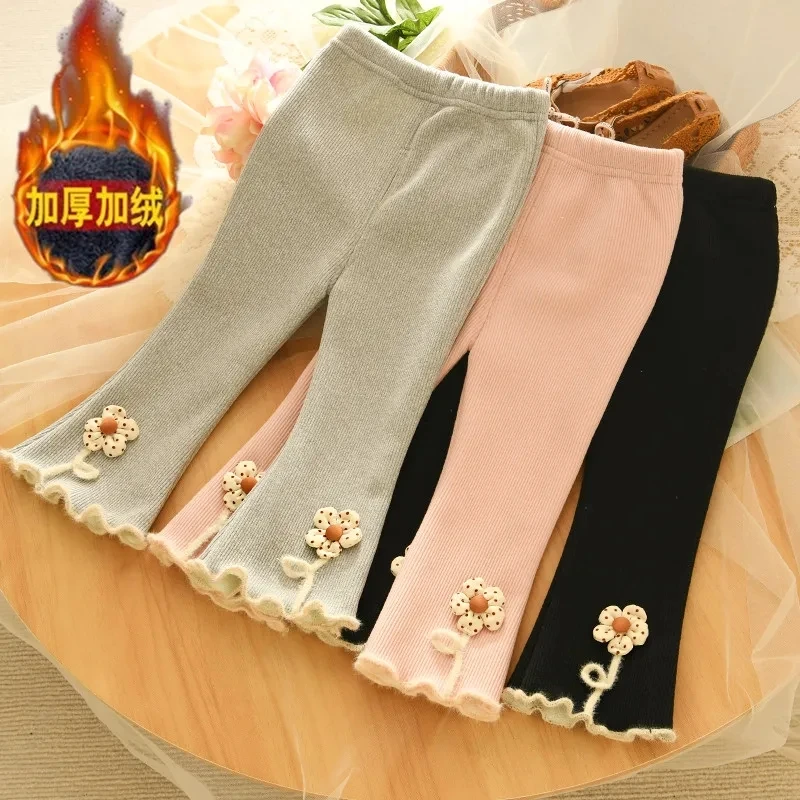 女童加绒裤子2024新款喇叭裤秋冬女宝宝一体绒保暖裤条绒外穿长裤