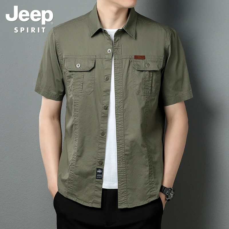 JEEP夏季美式工装短袖衬衫男士春秋季纯棉外套休闲户外中青年衬衣