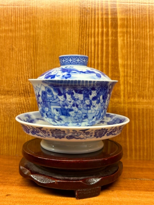 景德镇陶瓷高白泥高白釉青花百子图大容量元宝三才盖碗