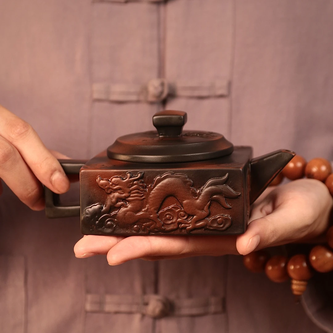 原矿云南建水紫陶纯手工四方龙壶凤鸣壶满雕龙凤家用大容量茶具S