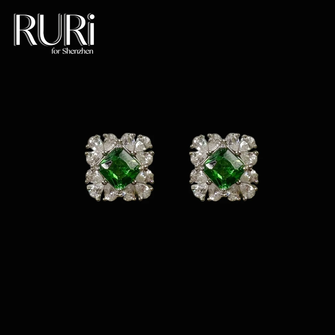 925银合成锆石耳饰 简约时尚四边镶嵌绿石耳饰 A0018