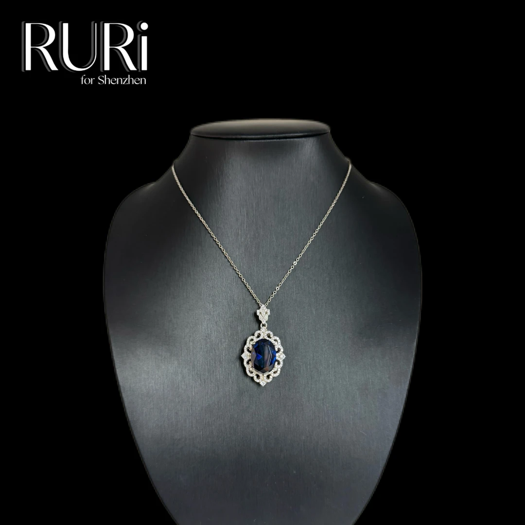 坠链均925银合成锆石 简约时尚花边镶嵌大蓝石项链 A0846