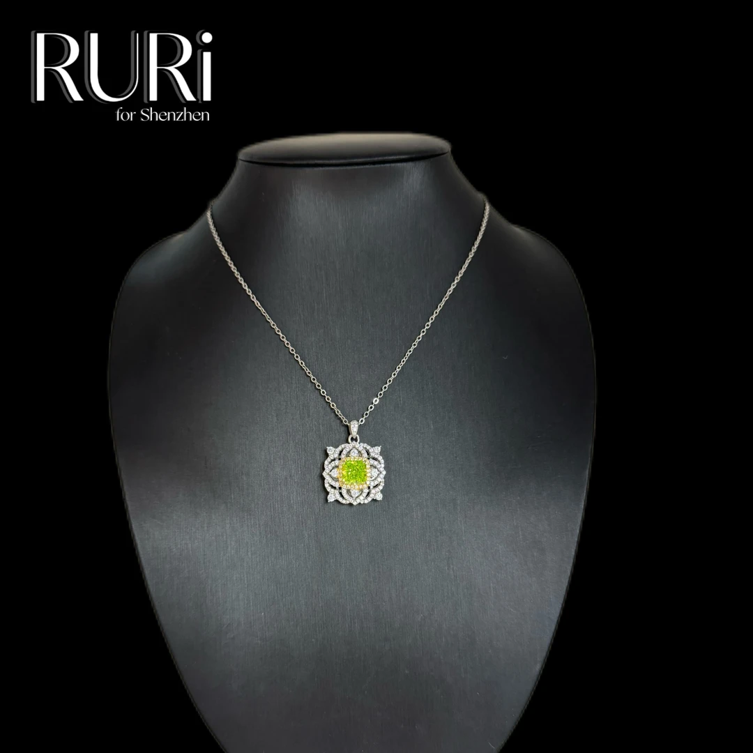 坠链均925银合成锆石 简约时尚方形镶嵌白边绿石项链 A0556