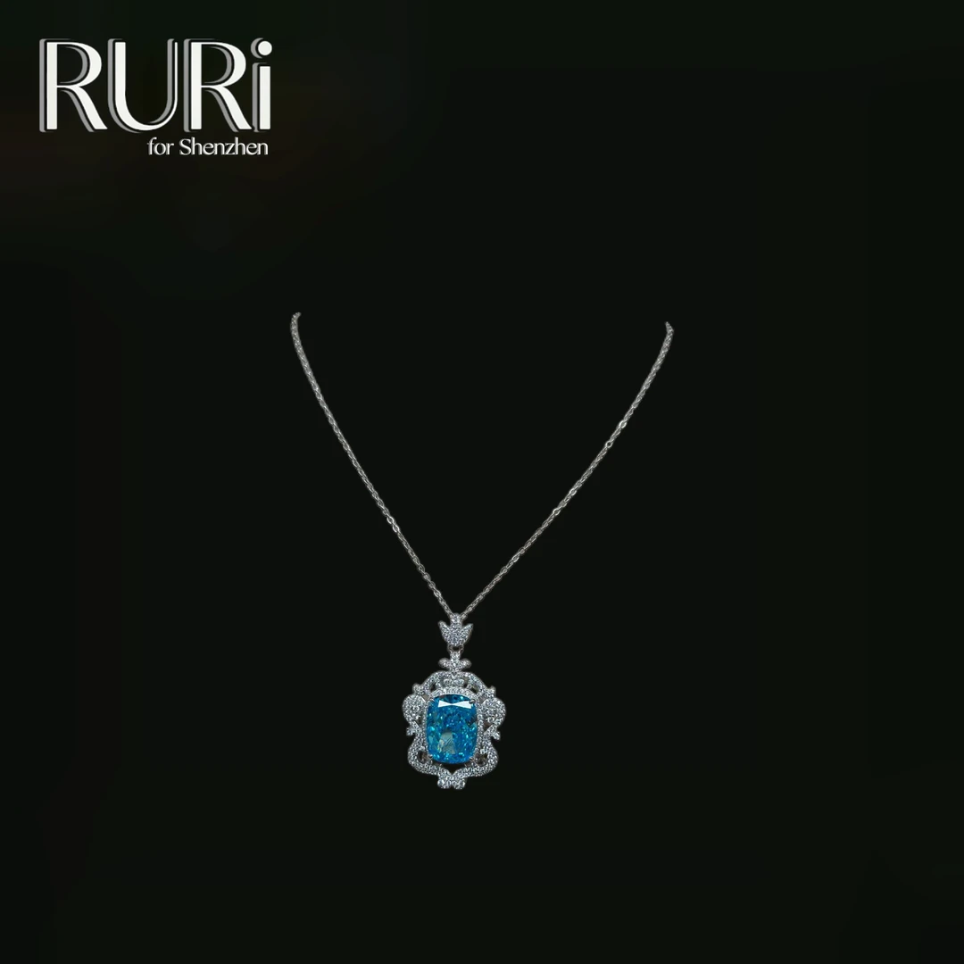 坠链均925银合成锆石 气质时尚设计镶嵌蓝石项链 A0811