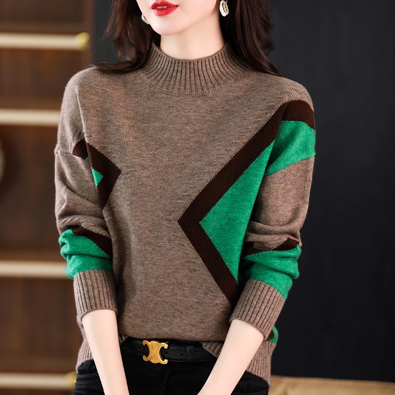 新款女士半高领拼色毛衣时尚洋气宽松百搭半高领针织衫t恤长袖