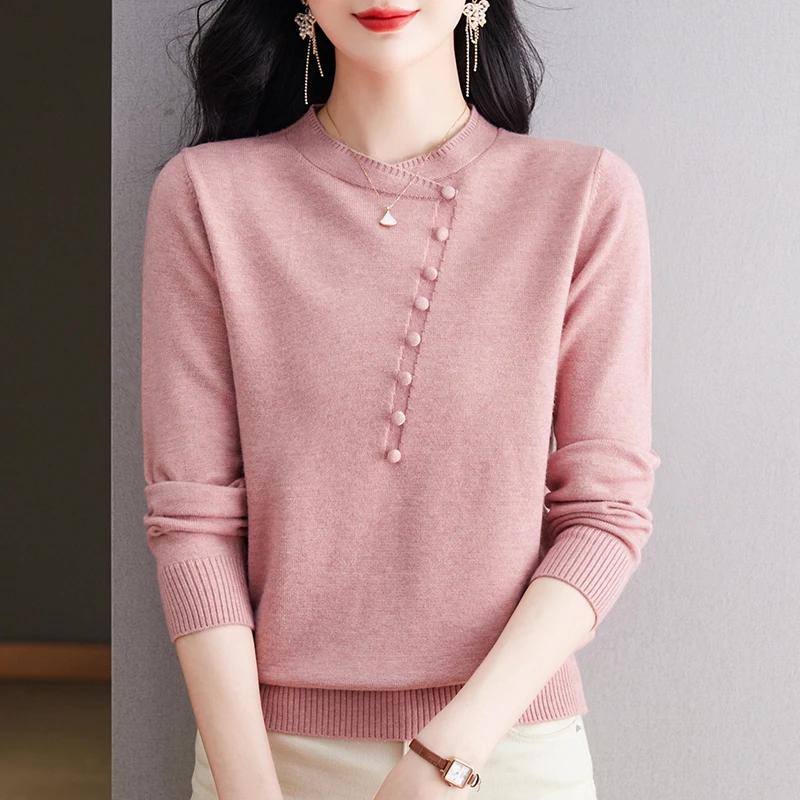 圆领打底衫洋气内搭2024春季新款毛衣纯色国风长袖针织羊毛衫女士