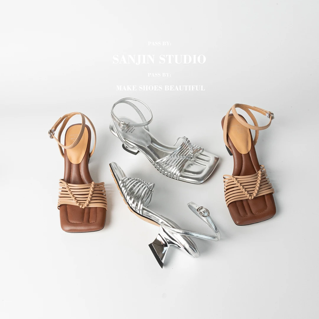 三金【编织夏梦】5CM法式复古编织仙女风方头异形跟踩屎感露趾凉鞋