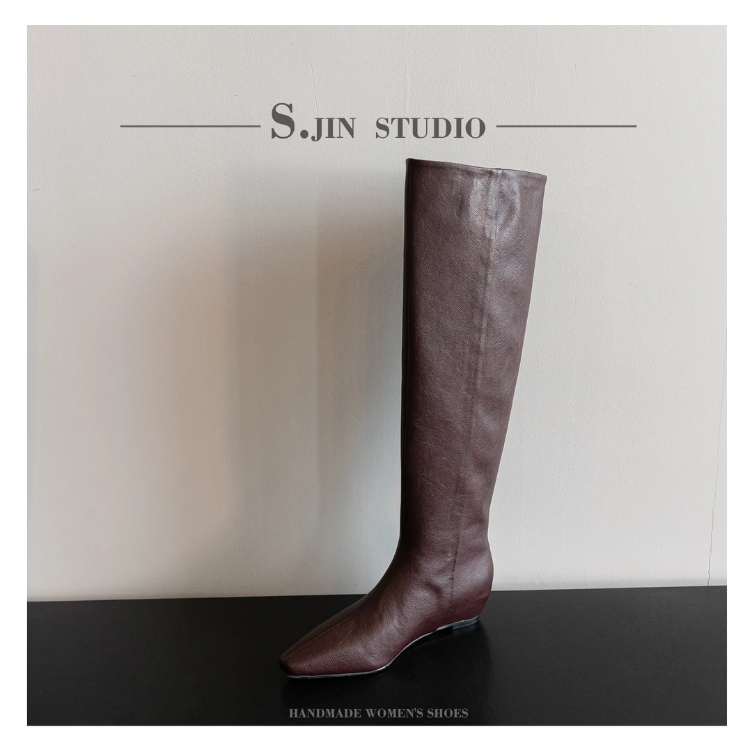 【红娇】4.5CM 法式小方头内增高直筒显瘦骑士靴坡跟百搭过膝靴