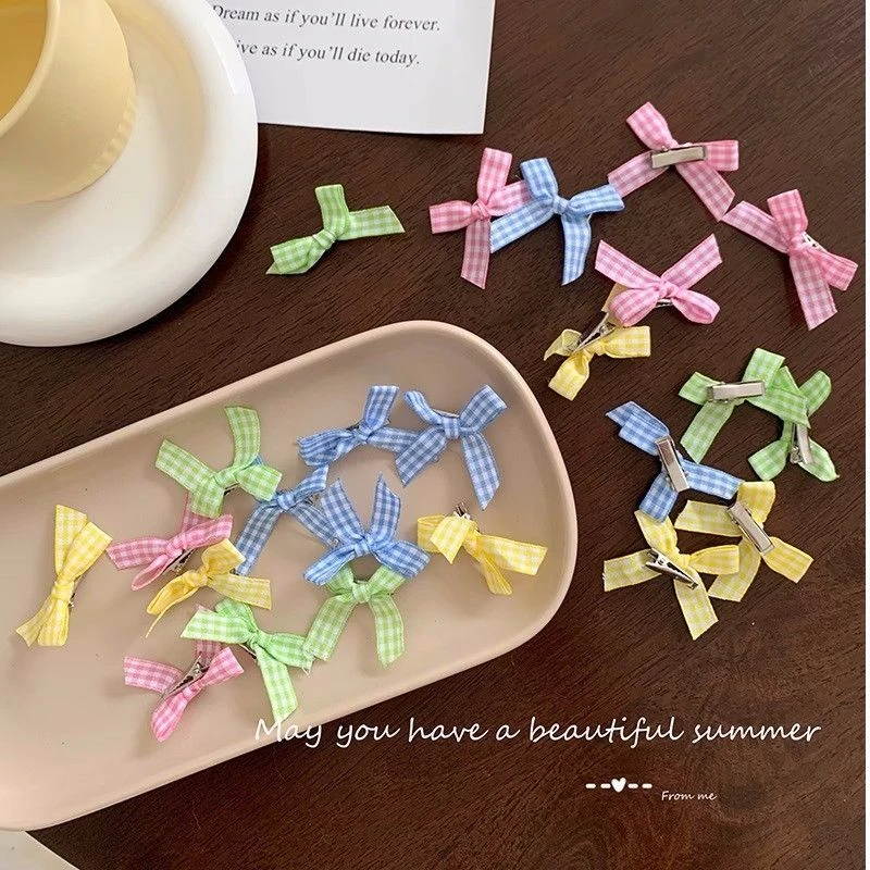 甜美清新格子蝴蝶结小发夹少女夏季新款边夹韩式小号鸭嘴夹头饰