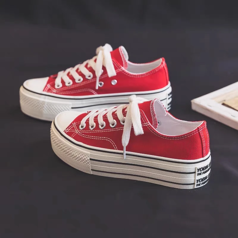 新款厚底4cm中国红上班春秋休闲鞋板鞋子男款女生百搭鞋帆布鞋