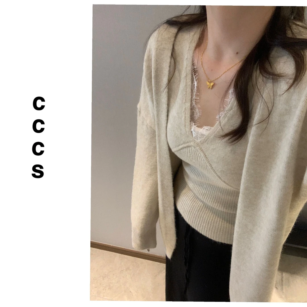 【茉莉】2024针织开衫拼接蕾丝边V领针织背心秋冬中长款宽松慵懒风