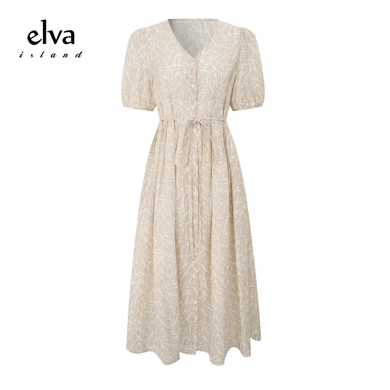 Elva’Island夏季V领碎花泡泡袖黄色连衣裙