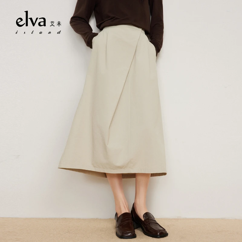 Elva'Island文艺休闲半身裙春秋2024纯色过膝显高A