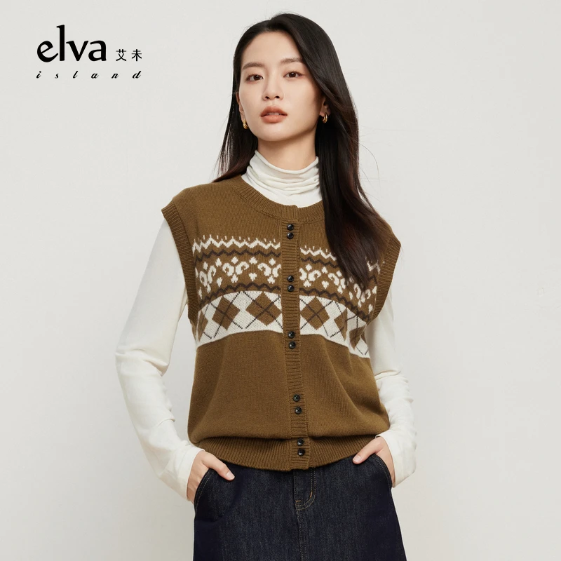 【商场同款】ElvaIsland复古撞色绵羊毛针织马甲马夹女春