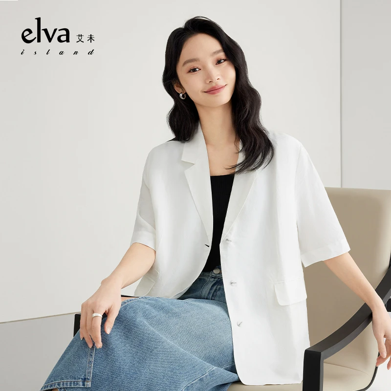 Elva'Island亚麻混纺五分袖薄款防晒西装外套