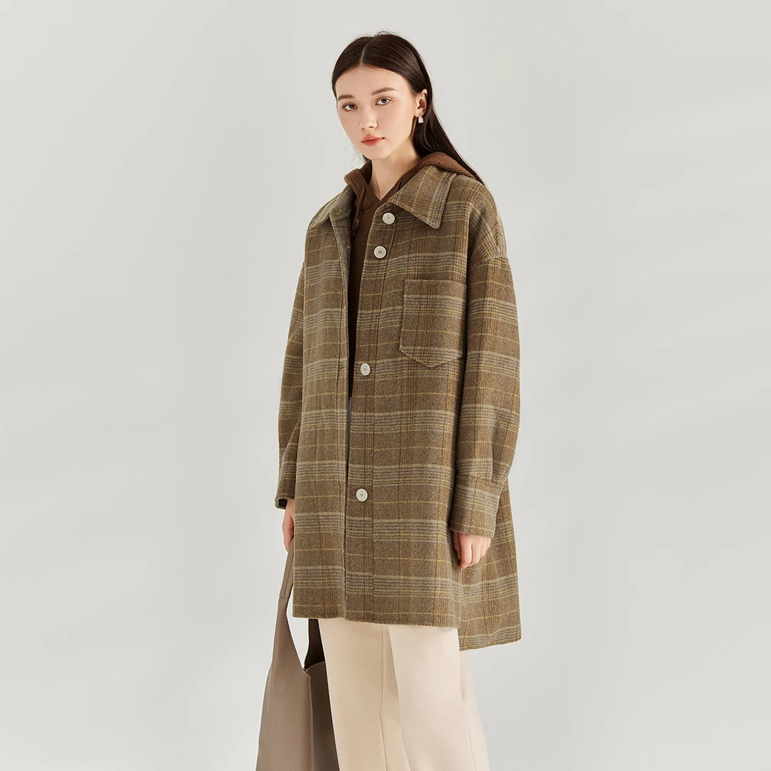 Elva' Island格子双面呢大衣女复古文艺中长款外套