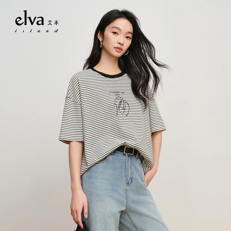 【商品】Elva’Island秋季黑白条针织衫