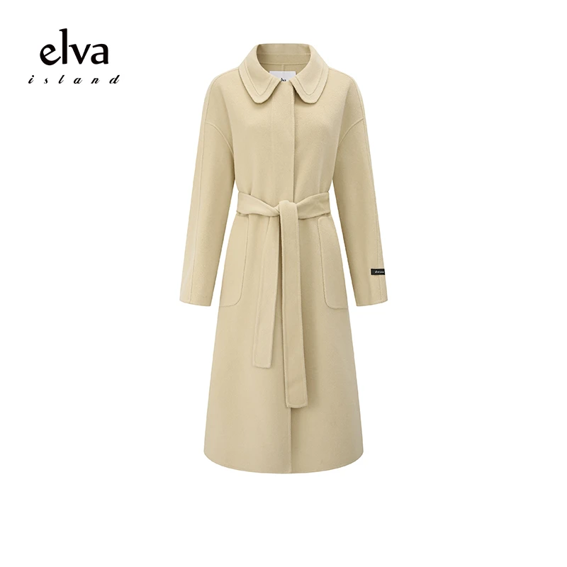 Elva' Island米色中长款100%羊毛双面呢大衣