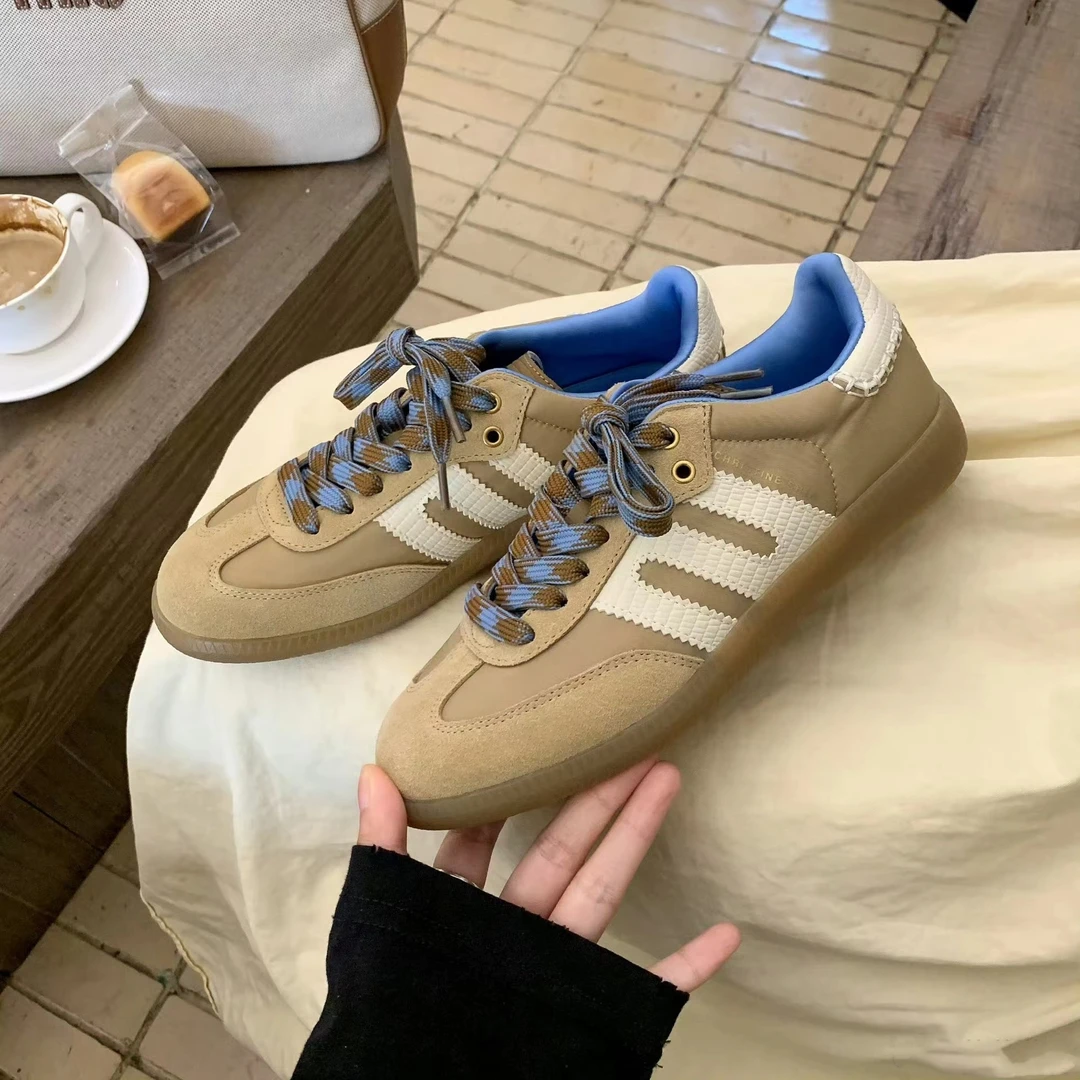 苏茵茵同款真皮拼色德训鞋软皮运动休闲鞋女系带复古平底阿甘鞋女