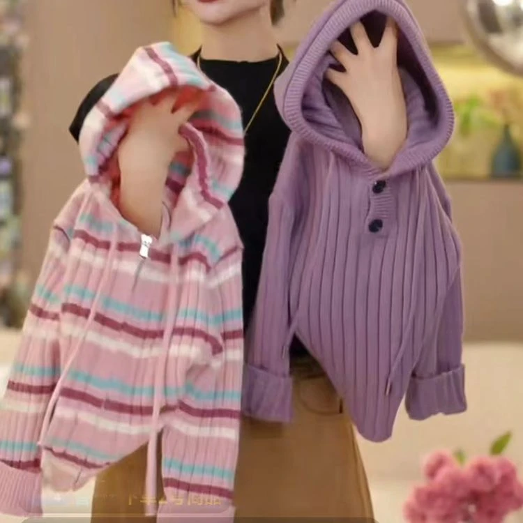 女童春秋装套装2024新款儿童条纹连帽针织开衫牛仔阔腿裤洋气毛衣