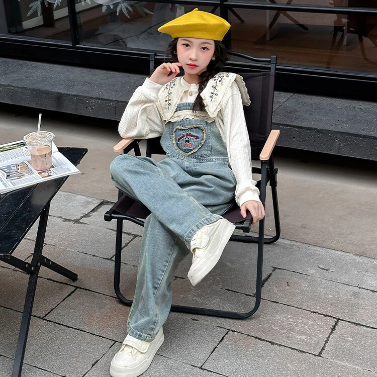 女童牛仔背带裤套装2024新款春季新款大童中大童女孩长裤女孩衬衫