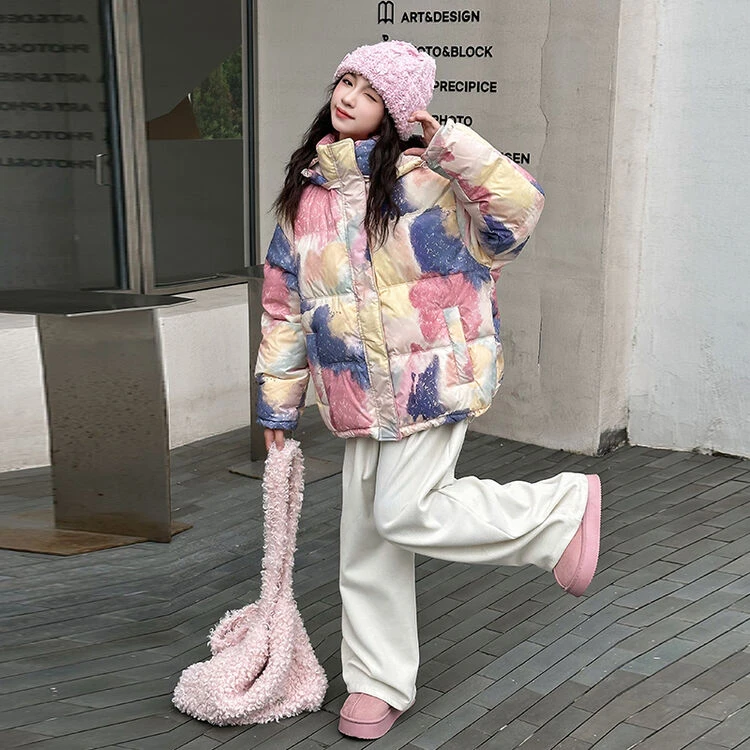 儿童羽绒服女大童洋气白鸭绒彩色扎染时尚连帽可拆卸冬装保暖外套
