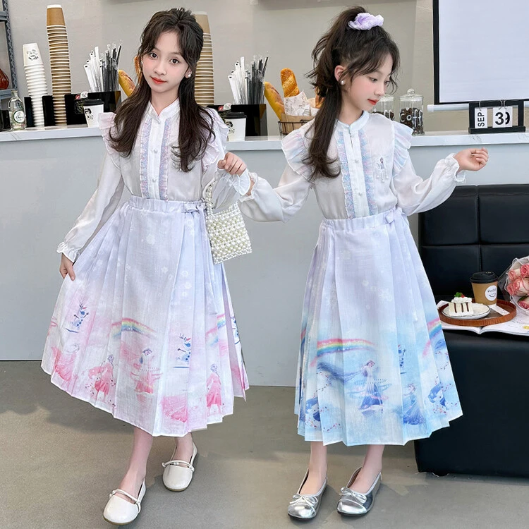 汉服女大童春秋马面裙套装24新款洋气复古风爱莎公主裙新中式唐装