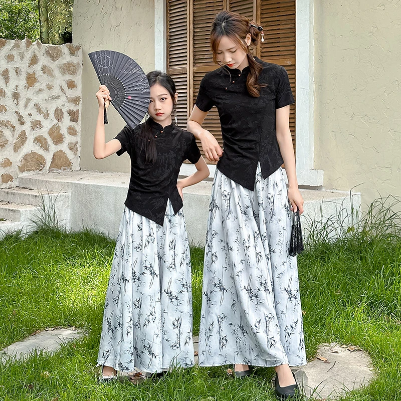 亲子装2024新中式炸街母女装夏季洋气时尚女孩时髦国风薄款裙裤潮