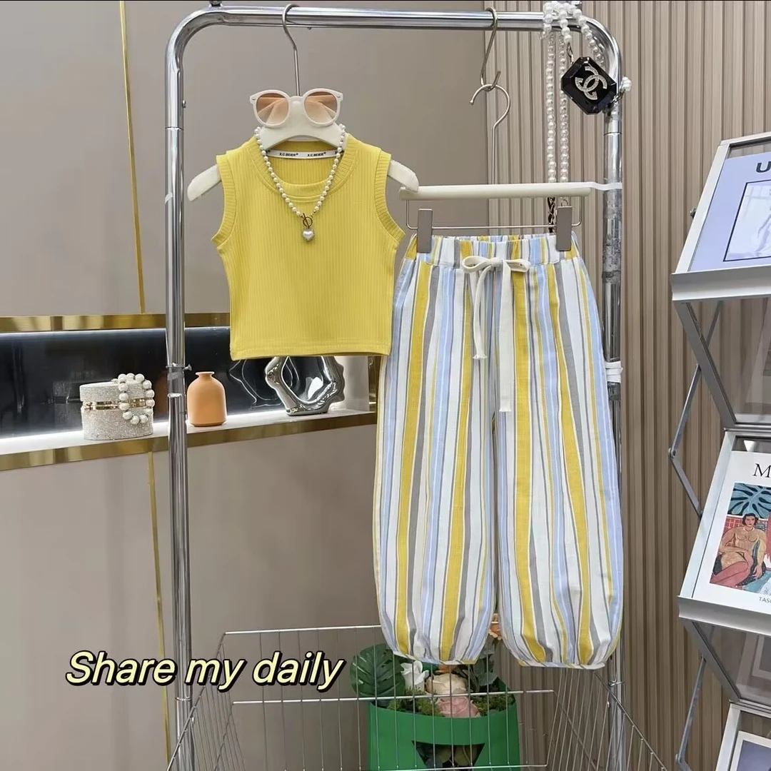 女童背心套装夏季2024新款洋气时尚无袖上衣宽松防蚊灯笼裤冰丝潮