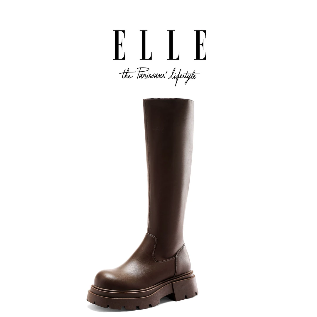 ELLE明星同款棕色真皮高筒靴女2025新款加绒厚底骑士靴弹力瘦瘦靴