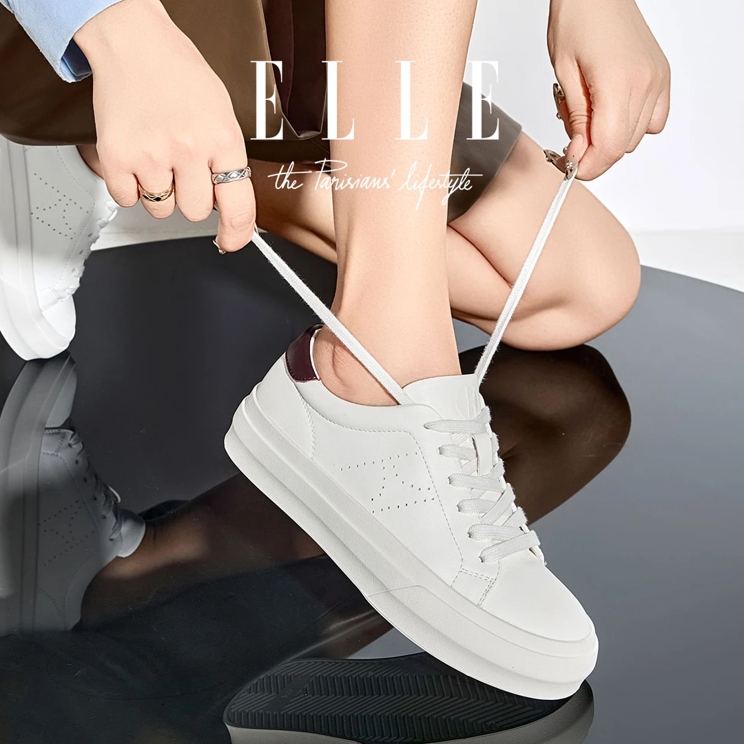 ELLE软皮软底真皮女鞋小白鞋女款2025新款学院风撞色休闲厚底板鞋