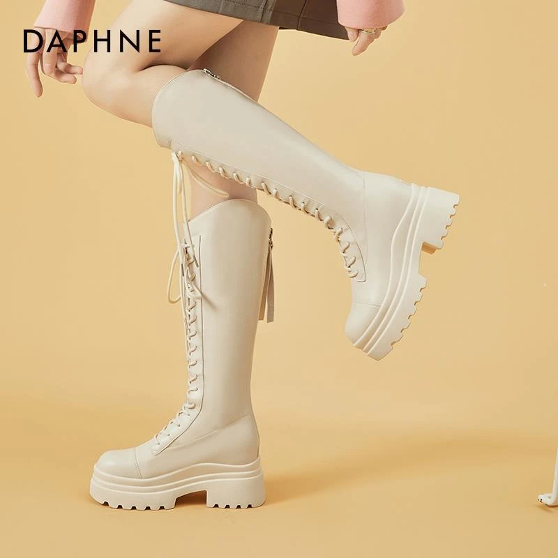 达芙妮内增高靴子女长筒靴2024秋冬新款厚底马丁靴高筒骑士靴长靴