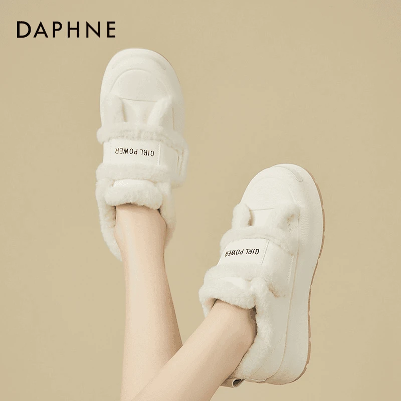 达芙妮厚底板鞋女2024冬季爆款加绒保暖雪地靴魔术贴白色毛毛棉鞋